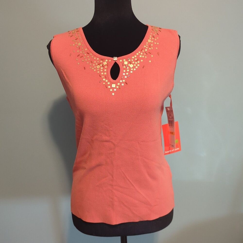 HEARTS OF PALM  Orange Bead Embellished Neckline Sleeveless Top Stretch Keyhole